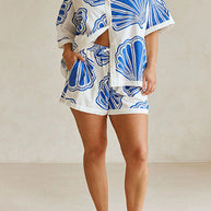 WW | Rosiedress V-Ausschnitt Kurzarmshirt und Shorts mit Kordelzug Taillierung Muscheldruck Set