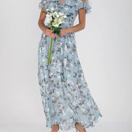 WW - Florales Maxikleid Damen | Chiffonstoff luftiges Sommerkleid | Maxikleid mit fließendem Rock