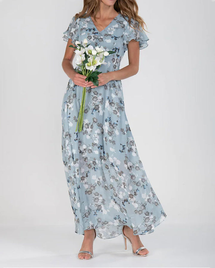 W&W Mode - Florales Maxikleid Damen | Chiffonstoff luftiges Sommerkleid | Maxikleid mit fließendem Rock