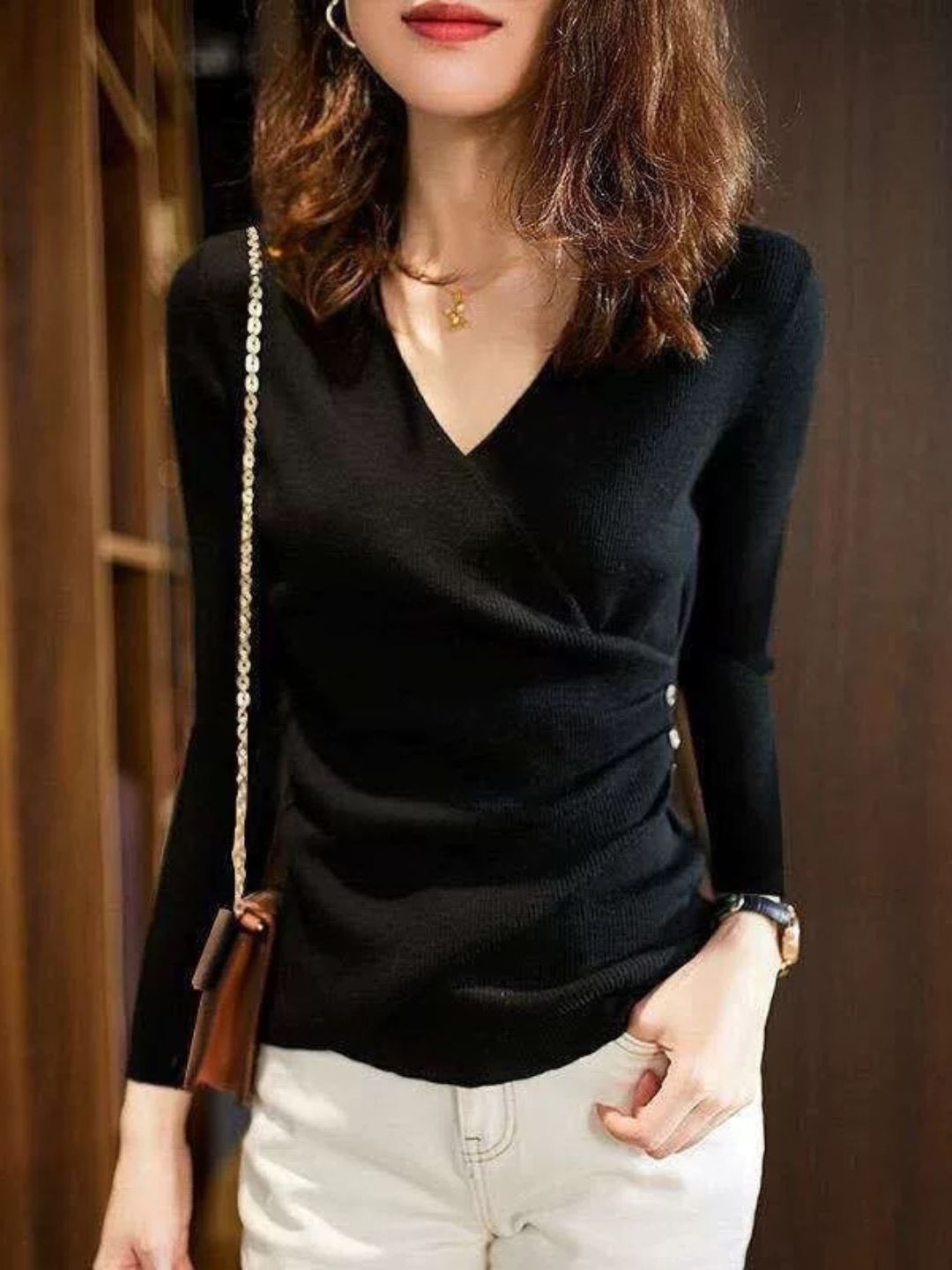 WW | Casual V-Ausschnitt Unifarben Stricktop Grün