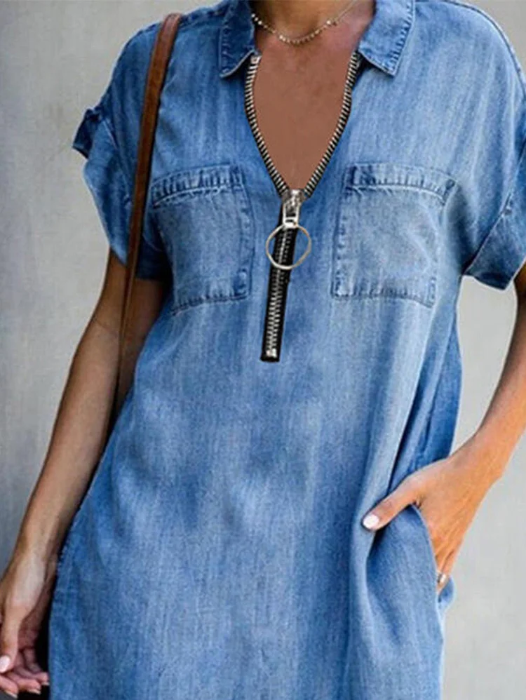 WW | Midi Kleid Breit mit Kurzen Ärmeln, Halblangreißverschluss und Lockere Revers Ausschnitt