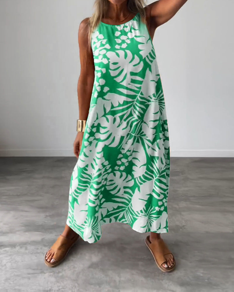 WW | Lässiges, Ärmelloses Kleid mit Blattmuster