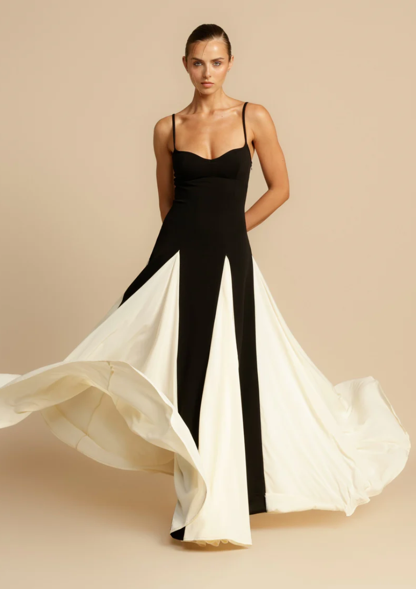 WW | Elegantes zweifarbiges Spaghettiträger-Maxikleid für Damen