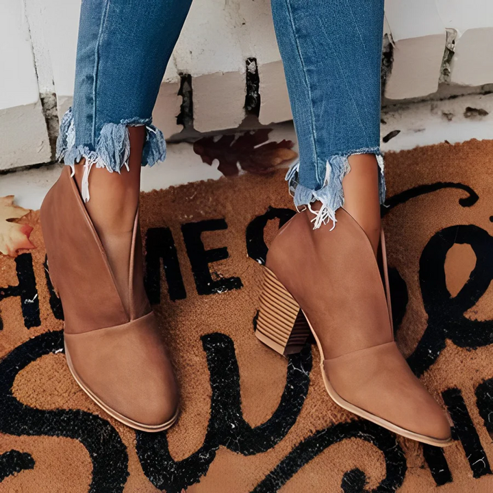 W&W Mode | Damen Hohe Ferse Ankle Boots, V-form Öffnung, Slipper, Chic und Elegant