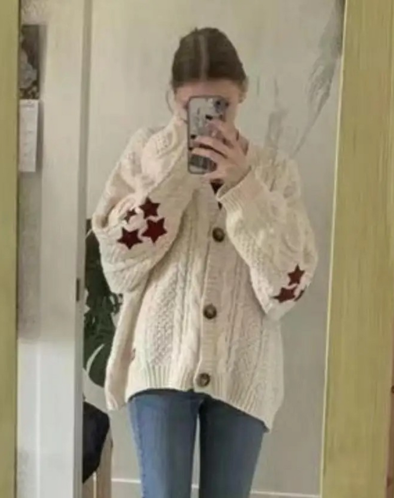 WW | Strickjacke Damen Sterne Muster Kabelstrickjacke Mit Geripptem Saum
