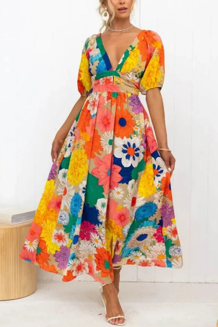 W&W Mode Floral Sommerkleid | Luftiges elegantes Sommerkleid mit V-Ausschnitt und Bubble Sleeves und Blumendruck