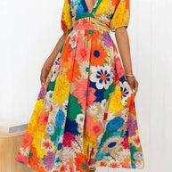 WW Floral Sommerkleid | Luftiges elegantes Sommerkleid mit V-Ausschnitt und Bubble Sleeves und Blumendruck