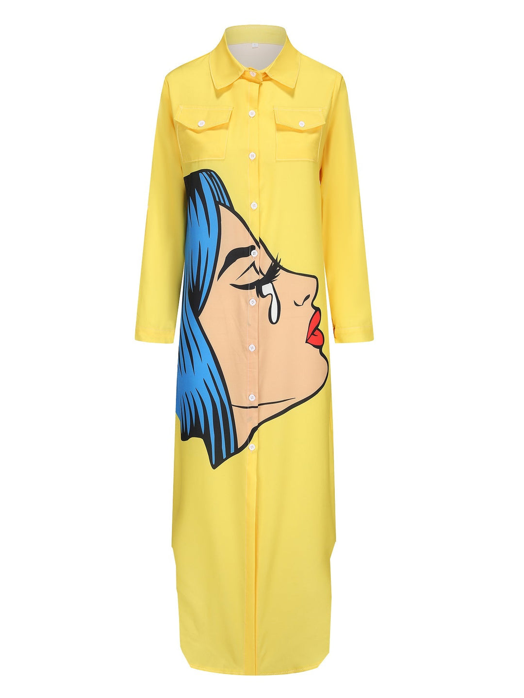 W&W Mode | Kleid mit Gesichtsdruck und Kragen in Gelb