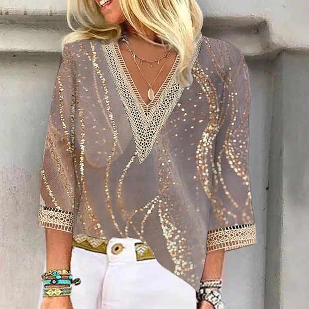WW | Elegante Damen Top Boho Chic V-Ausschnitt Sommerbluse