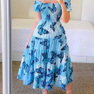 WW | Mode Kurzärmelig Bedruckt Ausgestelltes Midi Kleid
