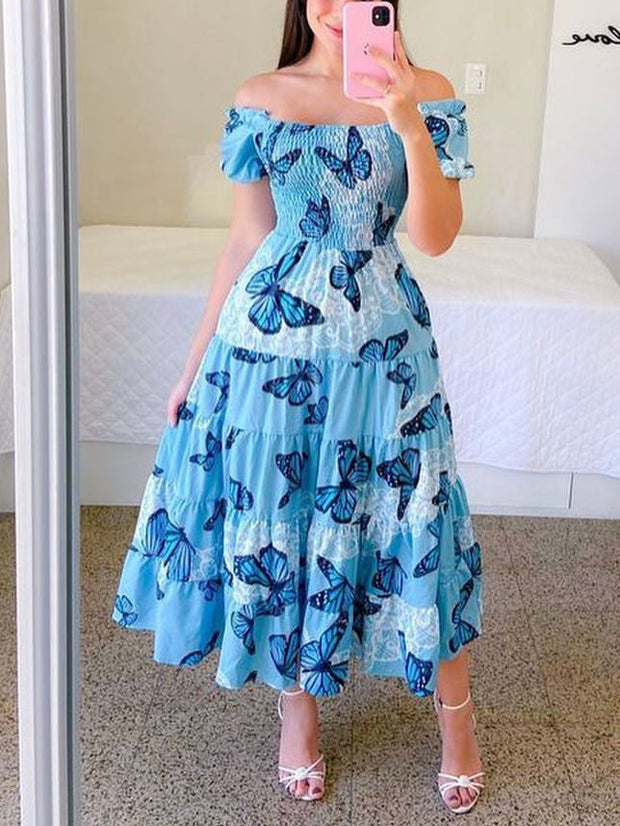 WW | Mode Kurzärmelig Bedruckt Ausgestelltes Midi Kleid