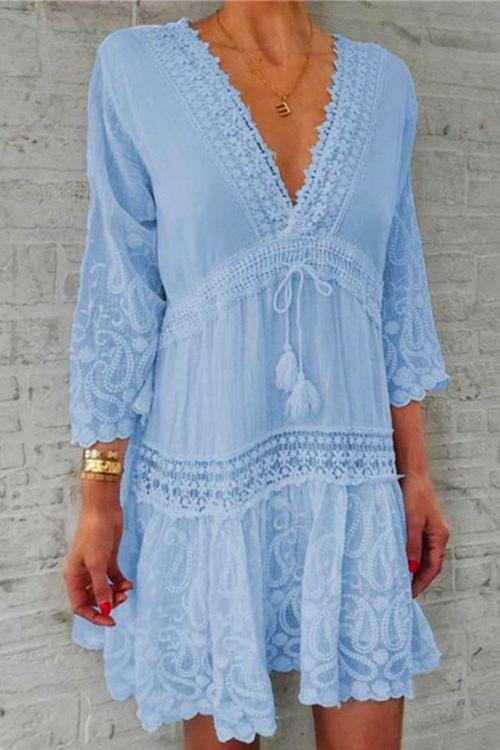 WW | Rosiedress V-Ausschnitt Spitze Besatz Quasten Schwungkleid