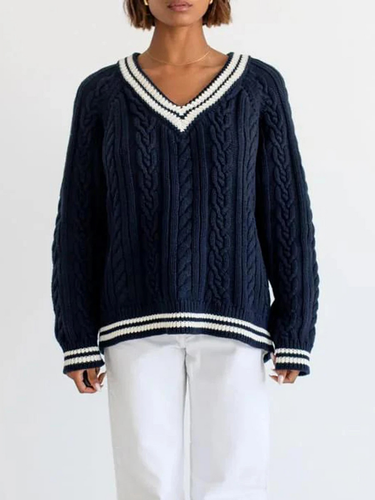 WW | Kabelpullover Damen V-ausschnitt Pullover Im Varsity Stil, Lässiger Pullover
