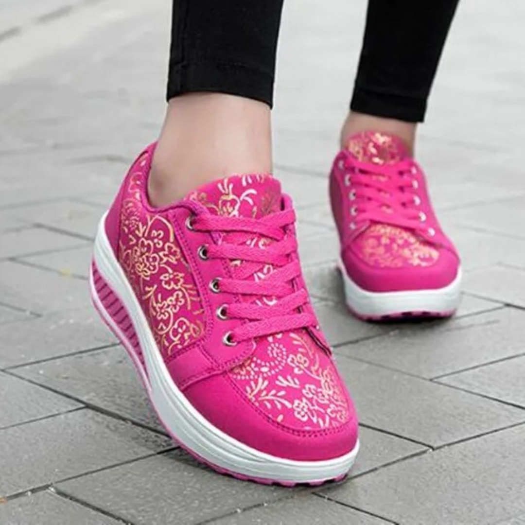 W&W Mode | Schwarze Leder Orthopädische Damen Sneakers Mit Blumenmuster