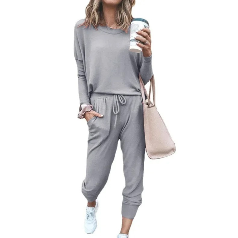WW | Damen Hausanzug Bequemer Zweiteiler Mit Kordelzug Und Langarmshirt