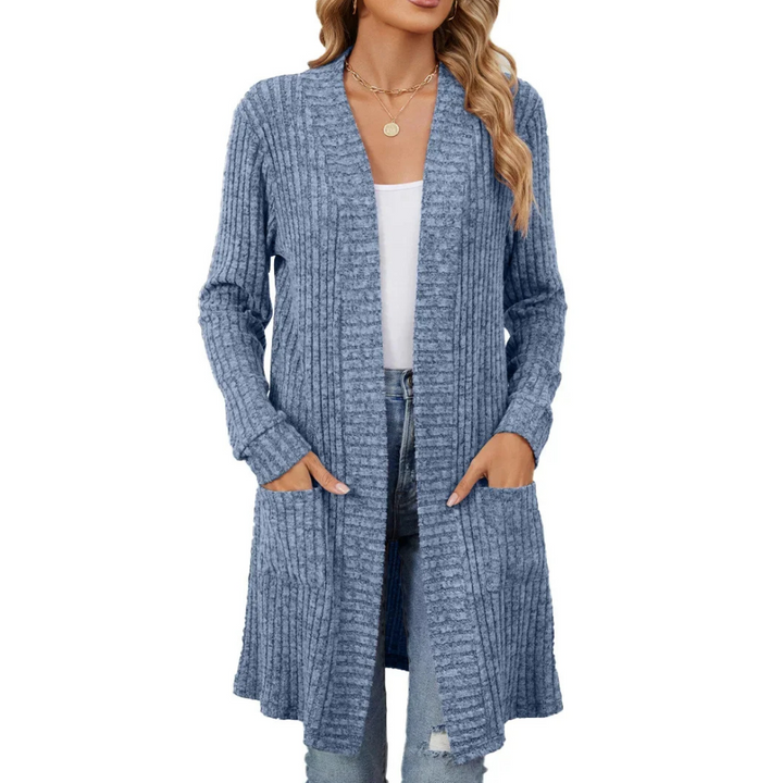 W&W Mode | Lange Strickjacken Damen Gerippte Offene Vorderseite Jacke mit Taschen