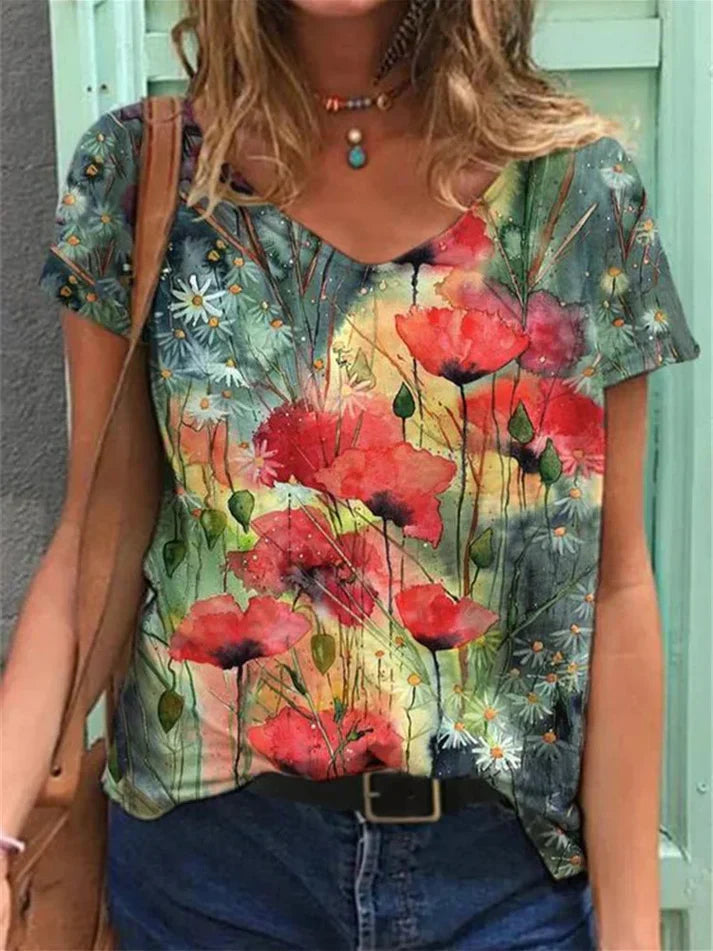 WW | Shirt Mit V-ausschnitt Malerei Blumenkunst