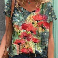 WW | Shirt Mit V-ausschnitt Malerei Blumenkunst