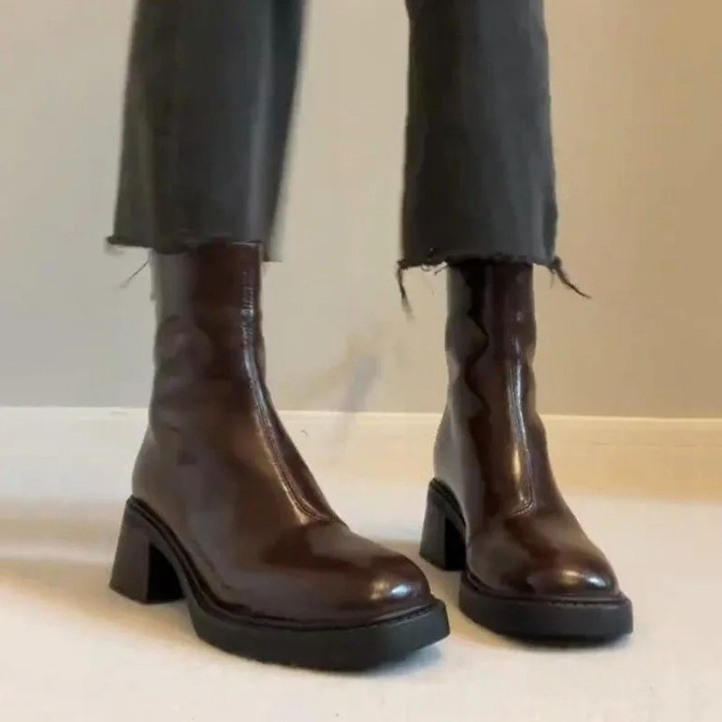Damen-Leder-Ankle-Boots mit Blockabsatz