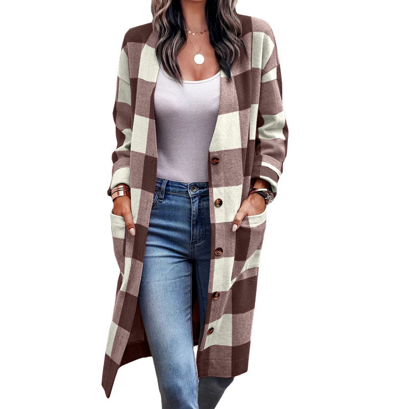 WW | Langarm Karierter Taschen Lange Strickjacke