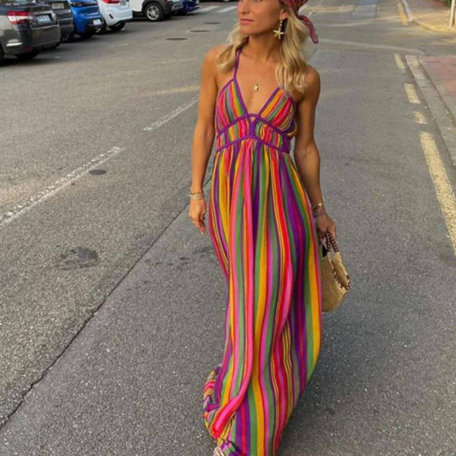WW | Vibrant Gestreiftes Maxikleid mit Taillenbetonung
