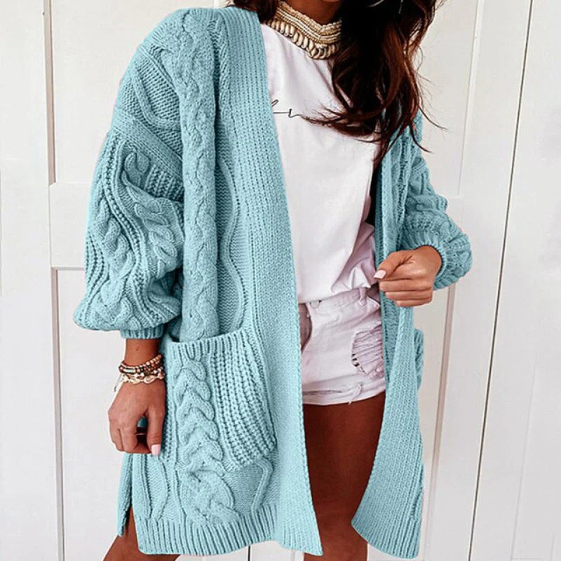 WW | Strickjacke Damen Langer Strickjacke Mit Zopfmuster Und Aufgesetzten Taschen