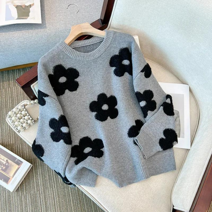 W&W Mode Sweater | Luxuriöser, weicher Strickpullover für Damen mit Blumendesign