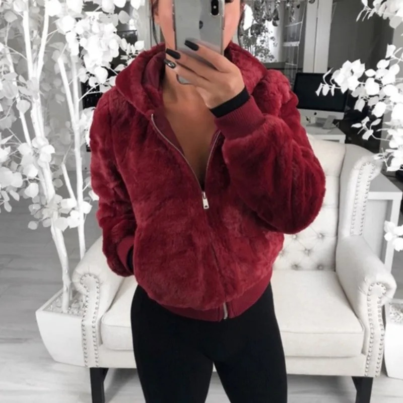 WW | Teddy Jacke Damen Kurzjacke Mit Kapuze Und Reißverschluss