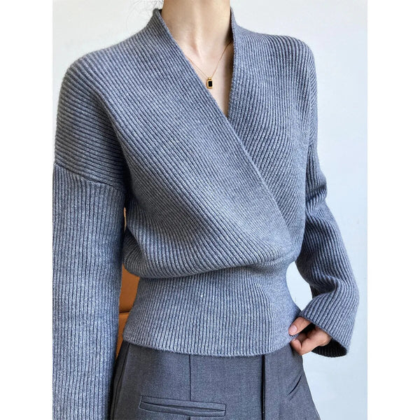 WW | Klassischer Herbst Wickelpullover mit Statement Ausschnitt für Frauen