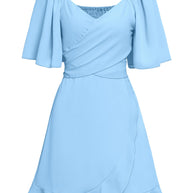WW | Lässiges Kreuz V-Ausschnitt Kurzarm Wickel Einfarbig Mini Kleid