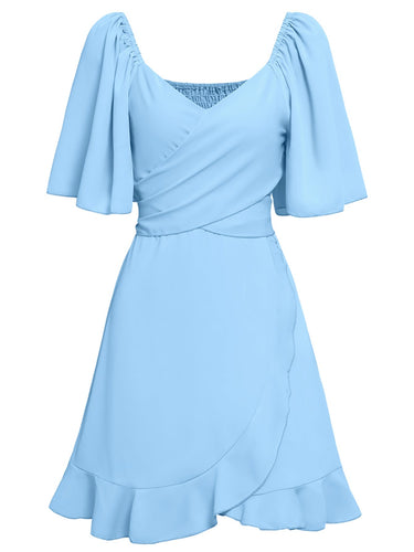 WW | Lässiges Kreuz V-Ausschnitt Kurzarm Wickel Einfarbig Mini Kleid