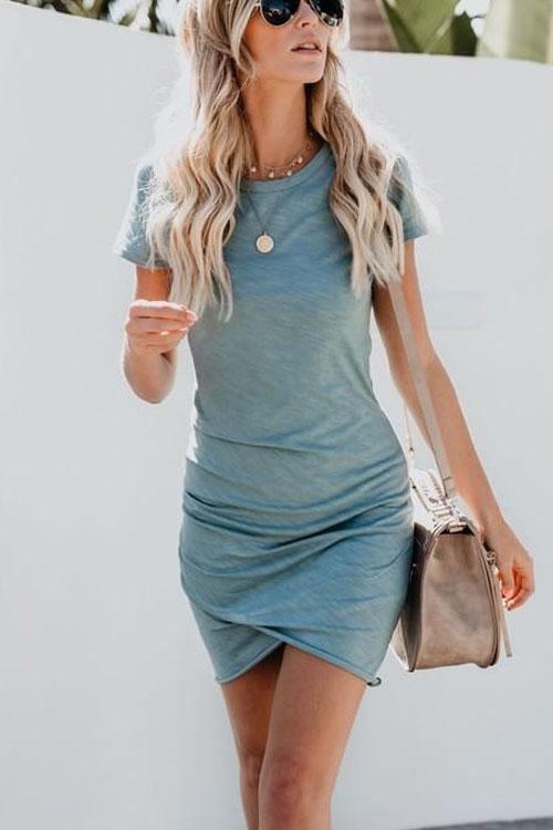 WW | Rosiedress Kurzarm Raffung Meerwasser Mini Kleid