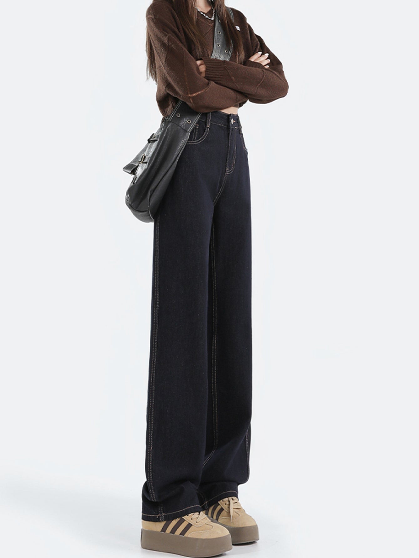 WW | Lockere Dunkle Hohe Taillen Bodenlange Denim Hose
