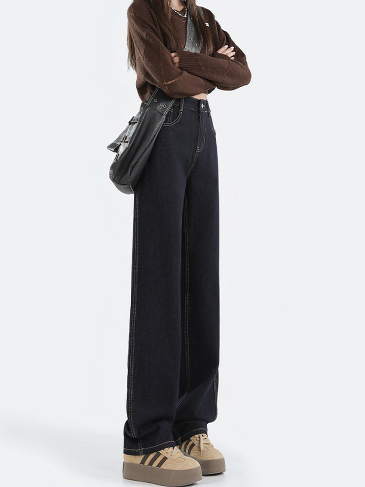 W&W Mode | Lockere Dunkle Hohe Taillen Bodenlange Denim Hose