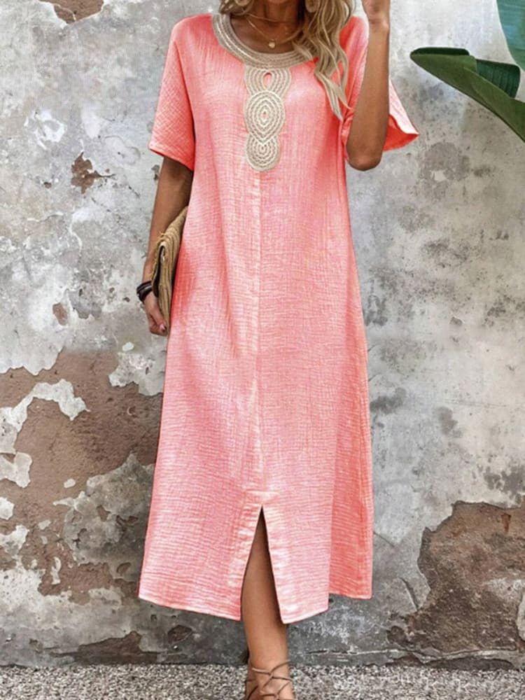 Einfarbiges Kleid aus Baumwolle und Leinen für Damen