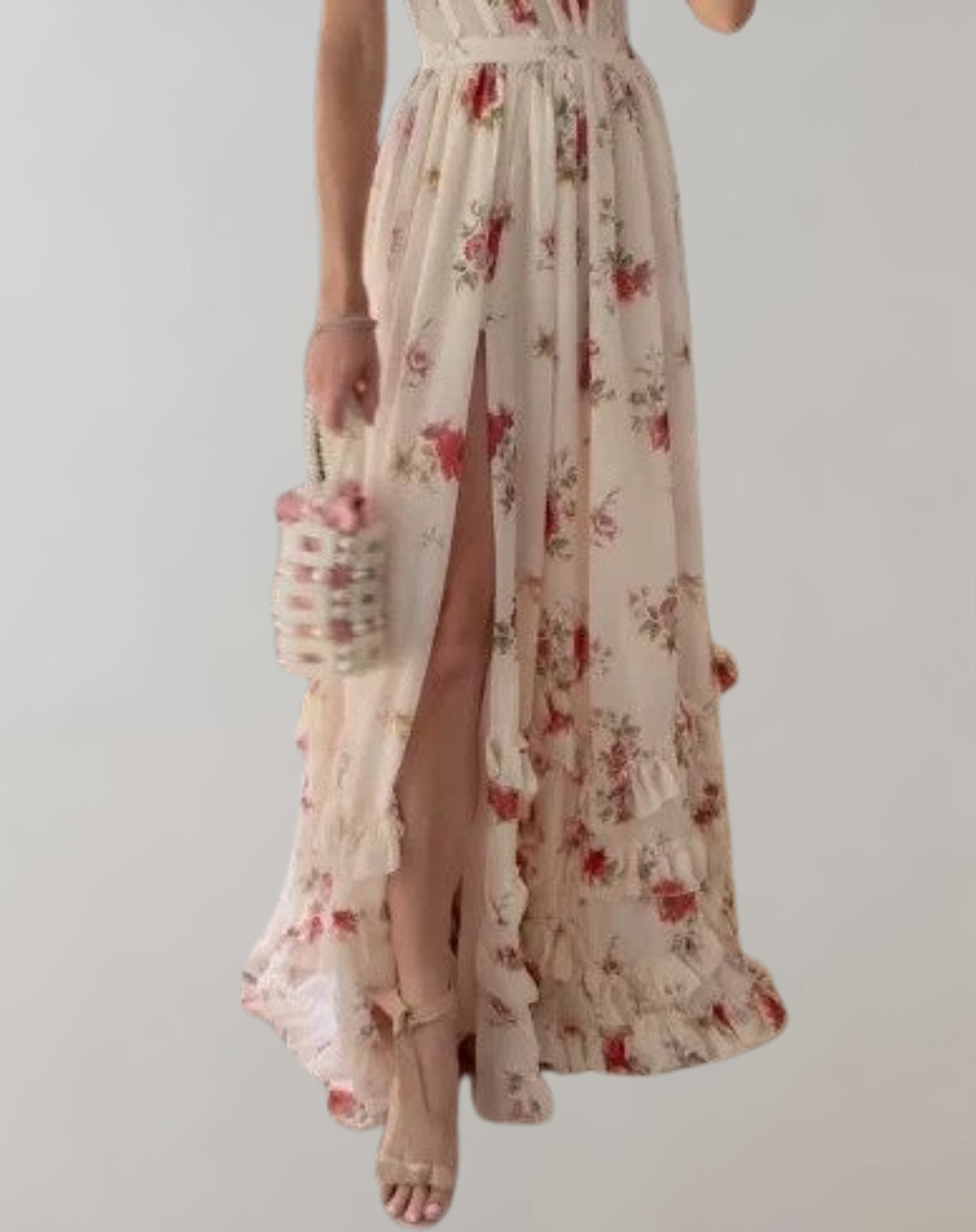 WW | Ärmelloses, tailliertes Kleid mit Blumendruck und sexy Beinausschnitt