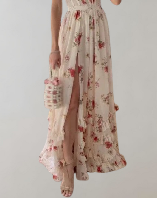 WW | Ärmelloses, tailliertes Kleid mit Blumendruck und sexy Beinausschnitt