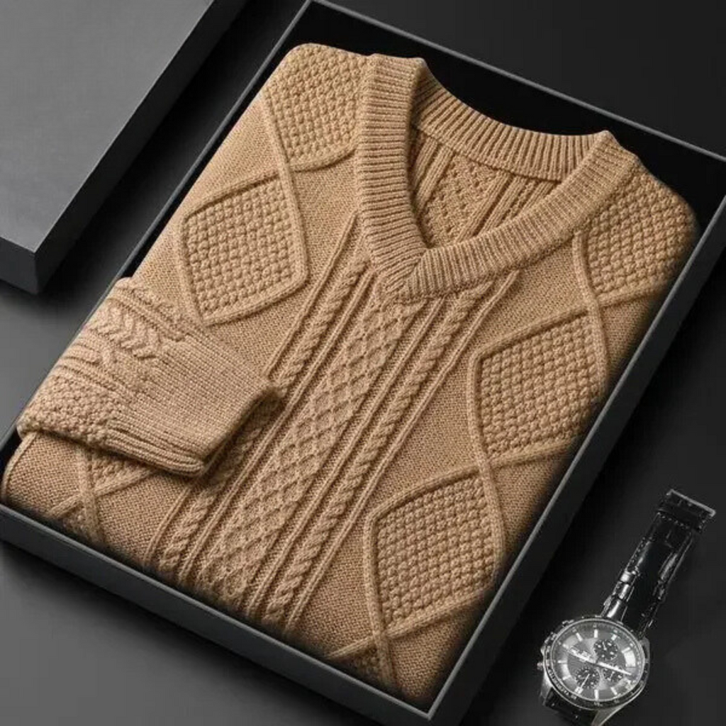 WW | Wollpullover Herren Mit V-ausschnitt Und Aufwendigem Strickmuster