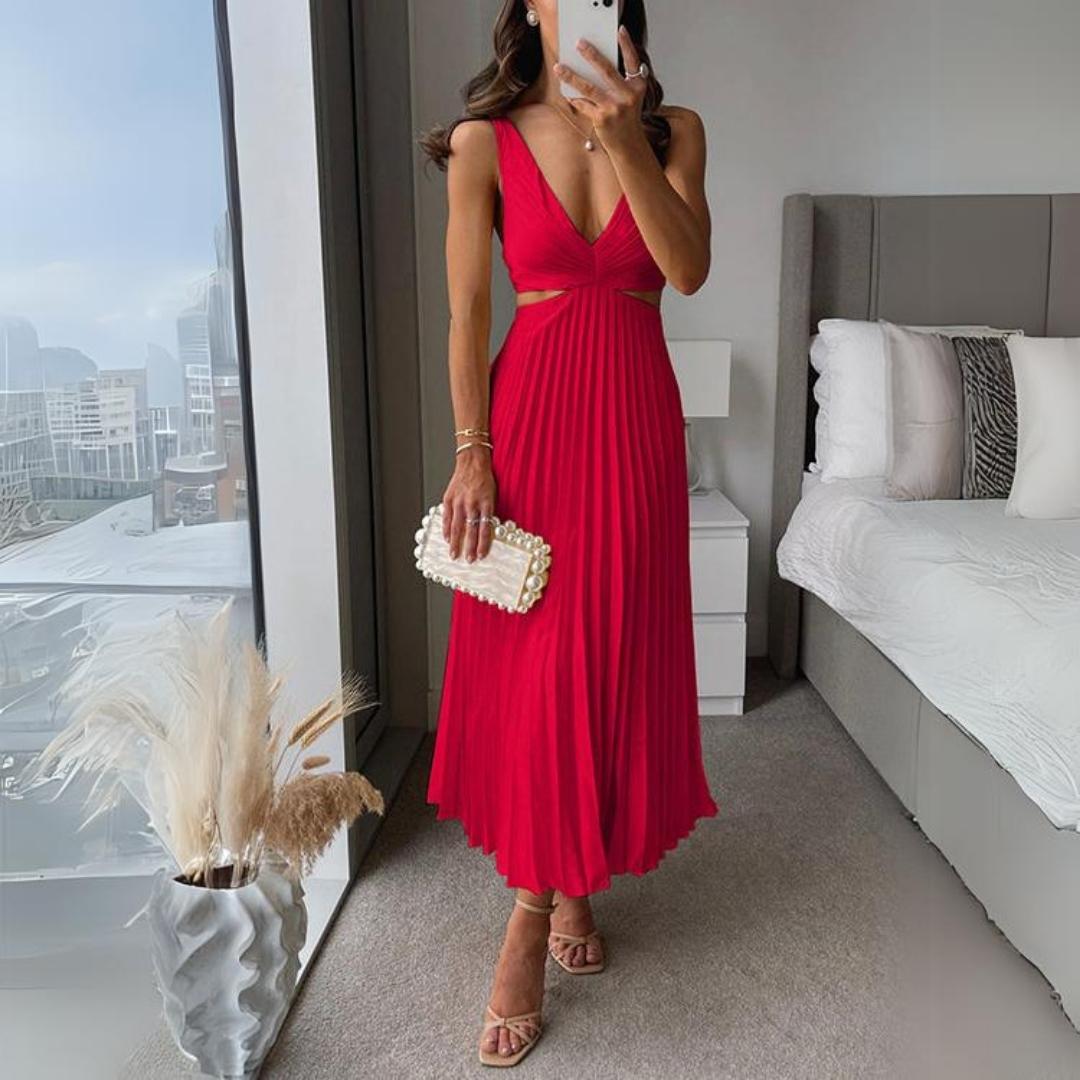 WW | Midi Kleid Ärmellos V-ausschnitt Twist Front & Cut Out Detail Plissierter Rock