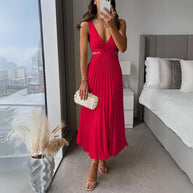 WW | Midi Kleid Ärmellos V-ausschnitt Twist Front & Cut Out Detail Plissierter Rock