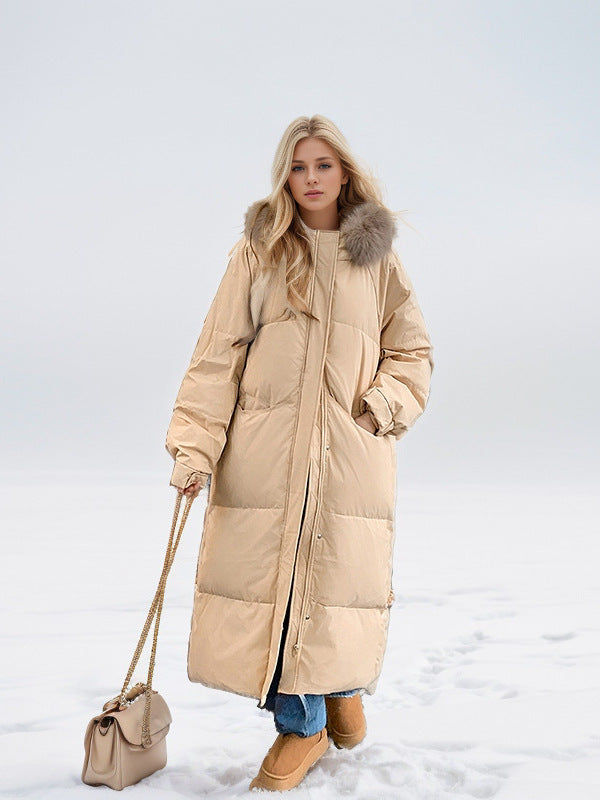 W&W Mode | Glamouröse Überknie Baumwolljacke mit Fellkragen