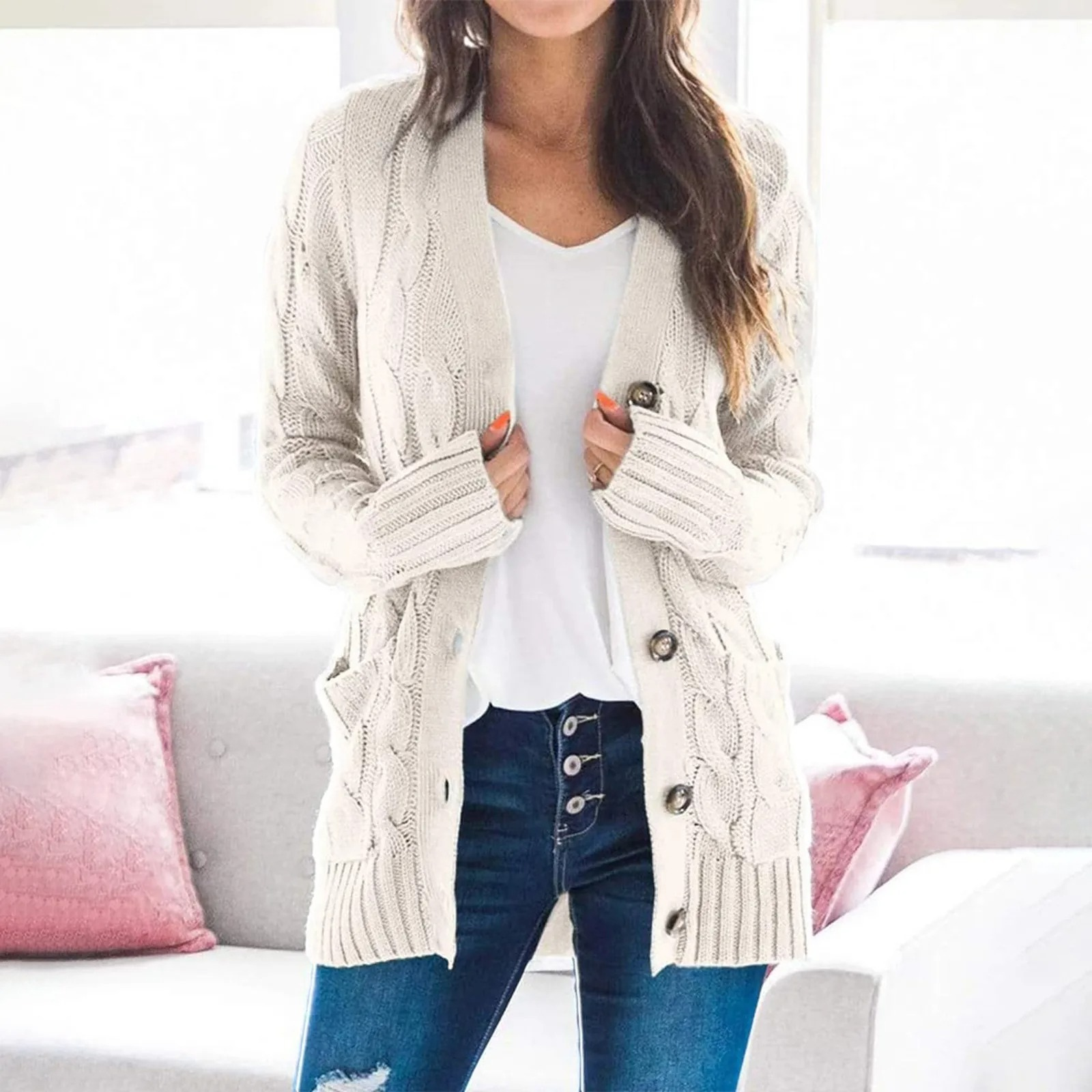 WW | Stylische Lange Strickjacke Für Damen Mit Knopfleiste