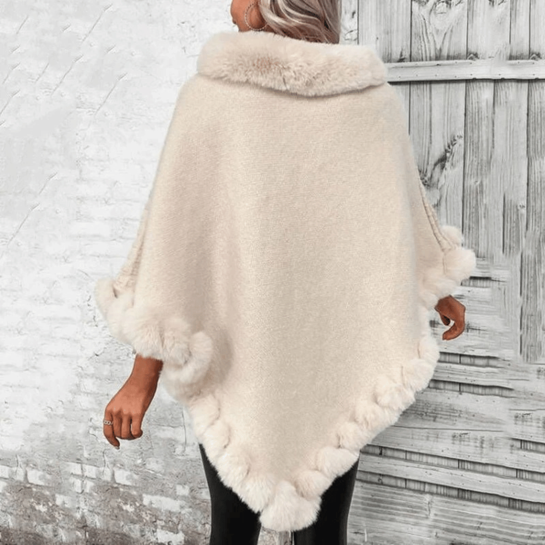 WW | Poncho mit weicher Webstruktur – stilvoller Damenponcho mit Kragen und Kunstpelzabschluss