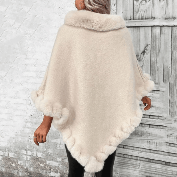 WW | Poncho mit weicher Webstruktur – stilvoller Damenponcho mit Kragen und Kunstpelzabschluss