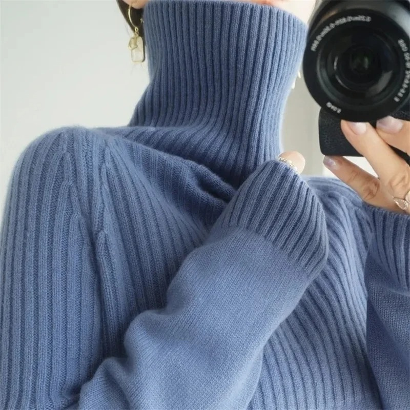 WW | Damen Rollkragenpullover Gerippte Akzent Weich und Warm Rollkragenpullover Damen