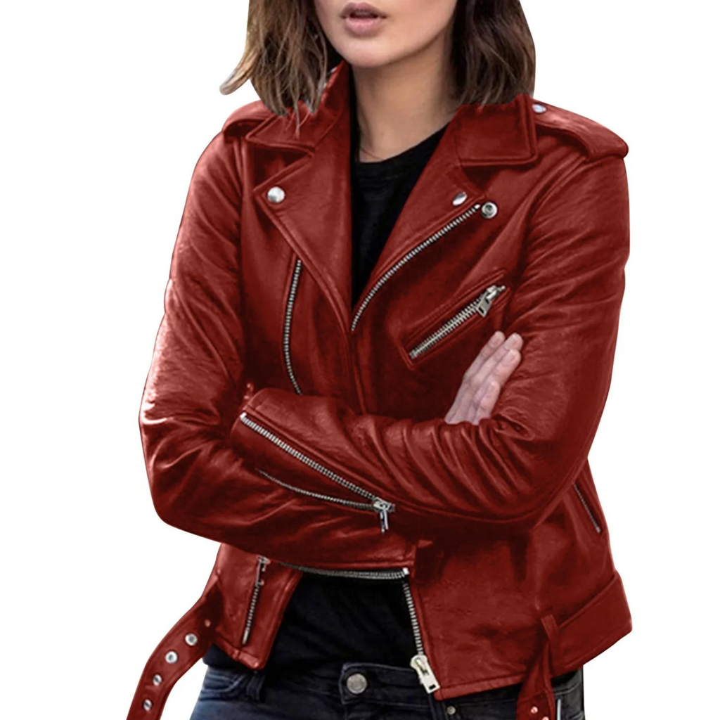 WW | Lederjacke Damen Bikerjacke Mit Reißverschlüssen Und Gürtel