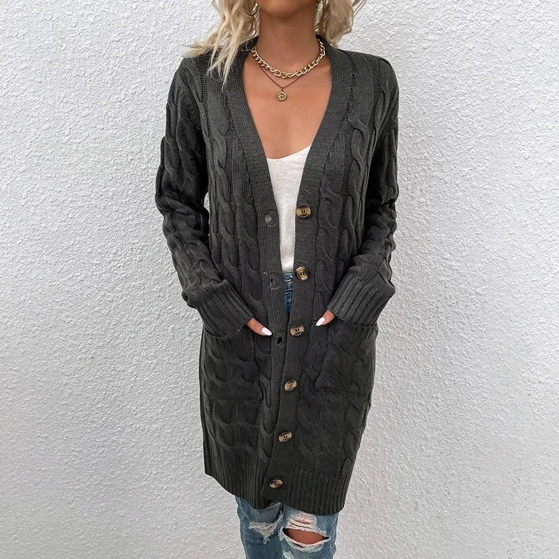 WW | Lange Strickjacken Damen Kabelstrickjacke mit Knöpfen