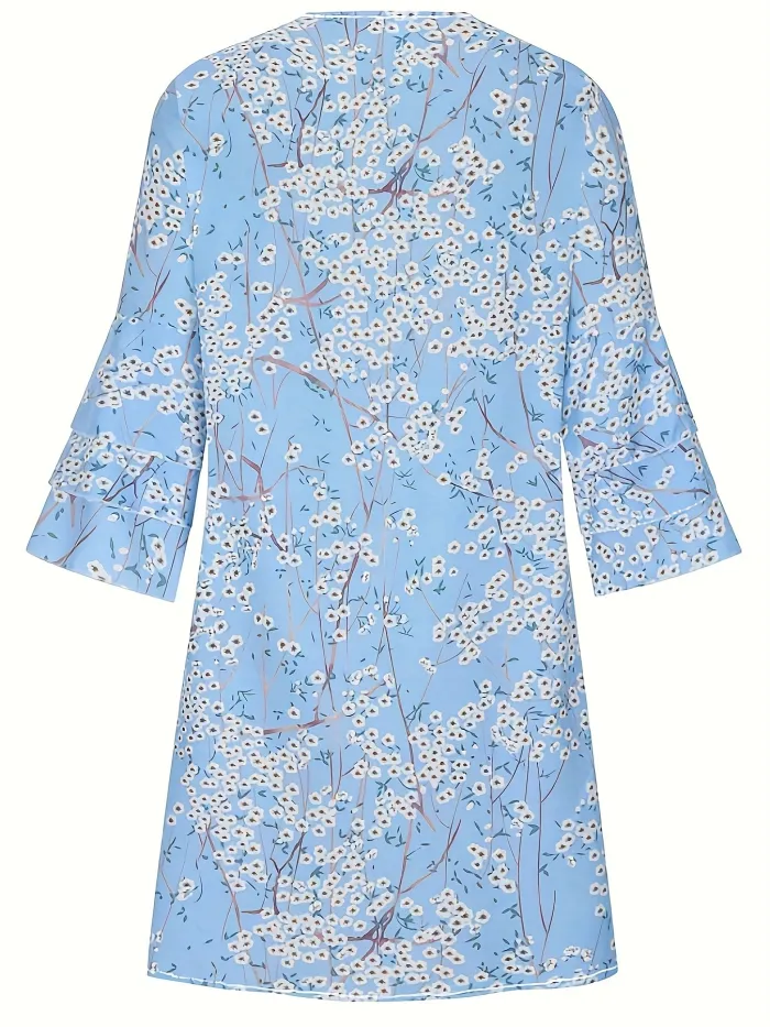 WW | Blumenmuster Volantkleid, Casual Lagen V-Ausschnitt Halbarm Kleid, Damenbekleidung