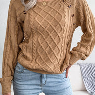 WW Pullover | Gestrickter eleganter Damen-Pullover mit Knöpfen und Rippenmotiv