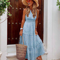 WW | V-Ausschnitt Chiffon Rückenfreie Boho Lange Maxi Kleider